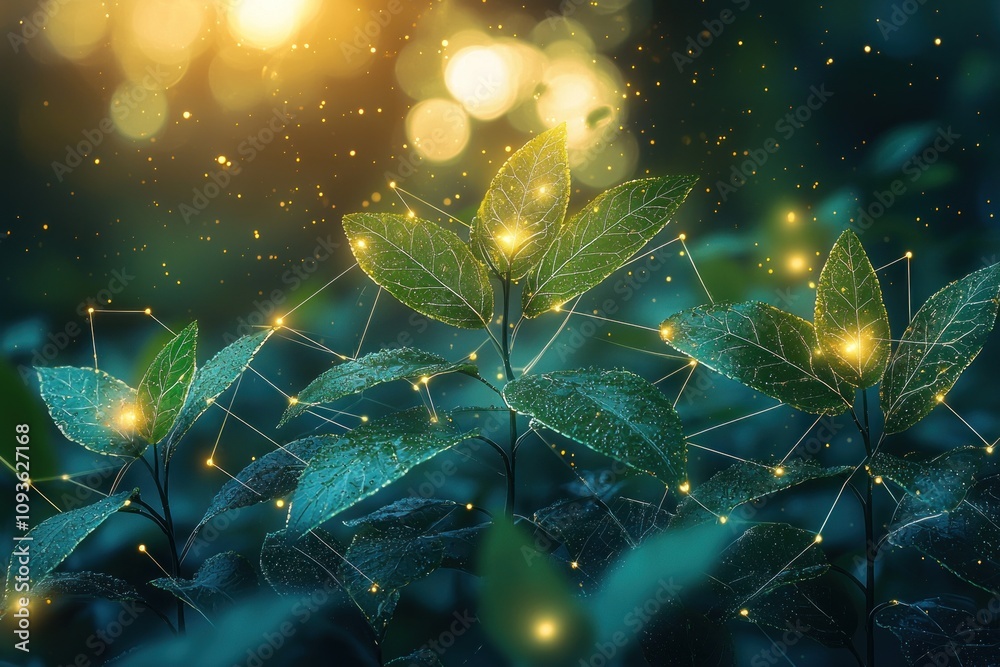 Poster interconnected green leaves with glowing lines and dots