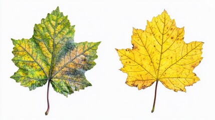 Contrast of seasonal change: green and yellow maple leaves on white background