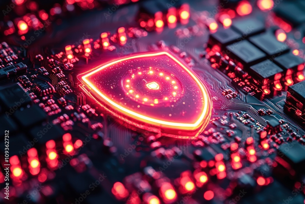 Poster red luminous shield on a circuit board