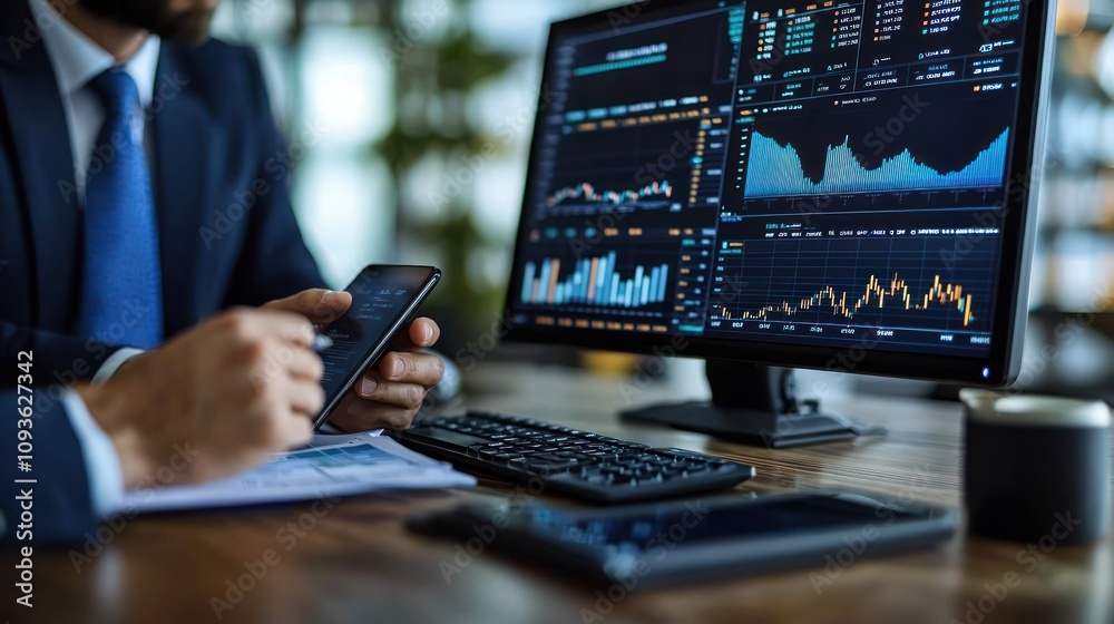 Aufkleber Businessman analyzing financial data on a smartphone and computer screen.
