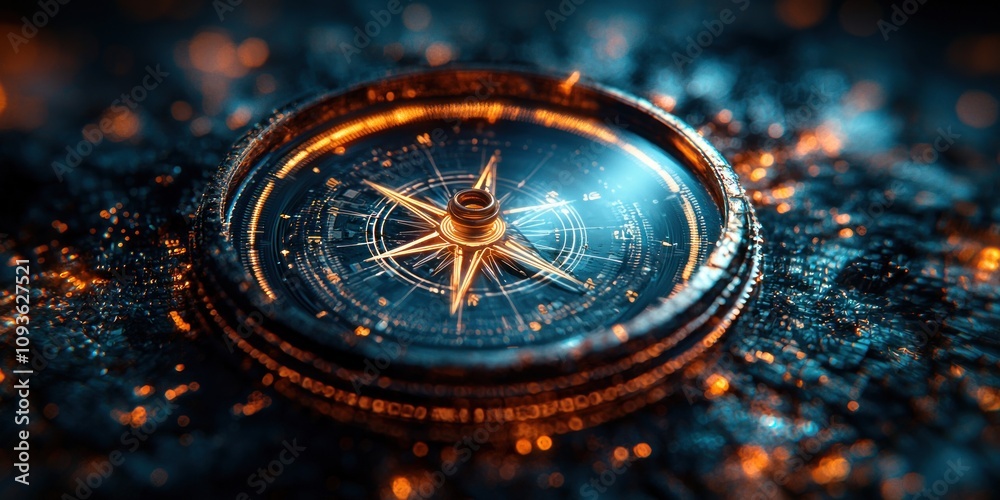 Poster a glowing compass embedded in a technological landscape