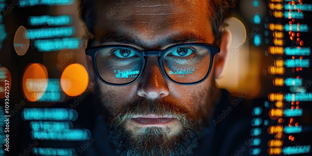 Poster close-up of a man's face with reflected code in his glasses