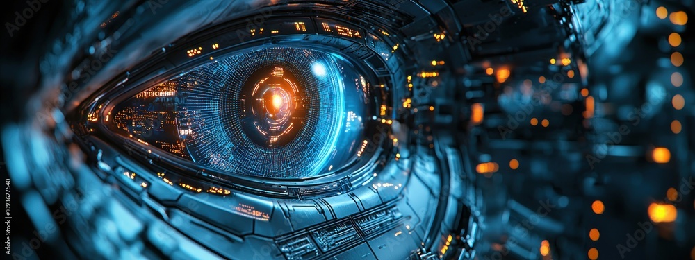 Poster futuristic robotic eye with digital interface and glowing lights