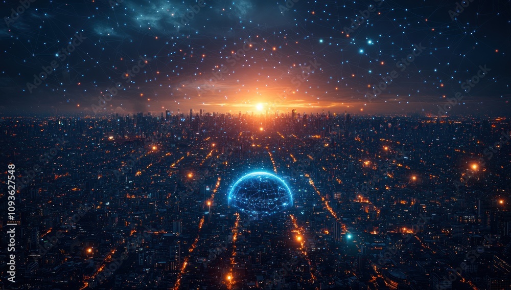 Poster a futuristic cityscape with a glowing globe and starry network