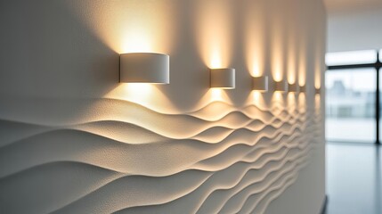 Soft accent lights highlighting textured walls, subtle and elegant