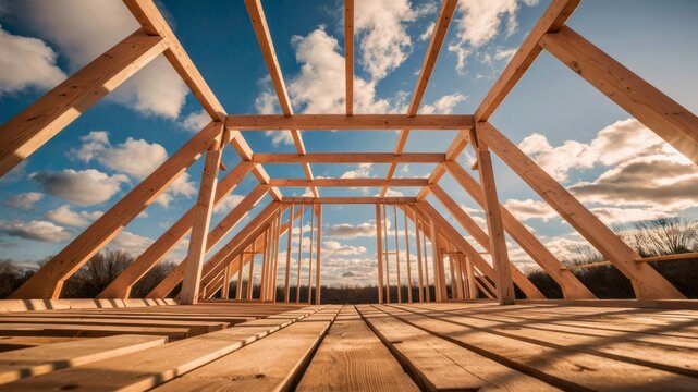 Wood Frame Under Construction: A close-up shot captures the intricate wooden framework of a new building under construction, showcasing the raw beauty of the wood against a backdrop of a bright.