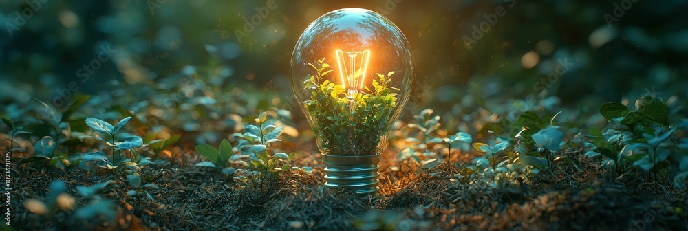 Aufkleber a glowing light bulb with greenery growing inside in a forest setting