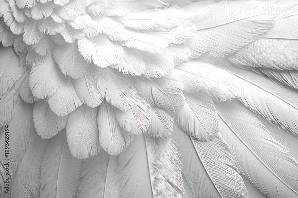 Poster a close-up of delicate white feathers, forming a textured pattern