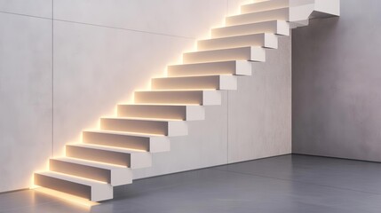 Soft glow around a floating staircase, subtle and modern design