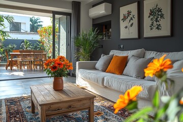 Modern Living Room with White Sofa, Wooden Coffee Table, and Patio View