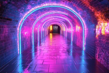Wet Brick Tunnel Illuminated with Vibrant Neon Lights