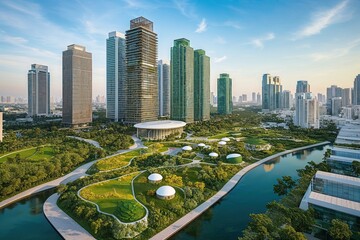 Naklejka premium Sustainable Eco-Centric City Focused on Green Building Climate Change Resilience and Ecological Balance