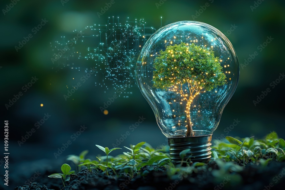 Poster a tree growing inside a light bulb with glowing circuit board and green foliage