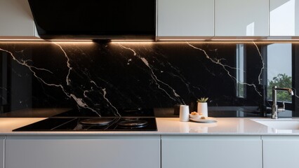 A luxurious black backsplash with high-gloss marble texture, paired with minimalist light cabinets and chrome fixtures, creates a modern and sophisticated kitchen.