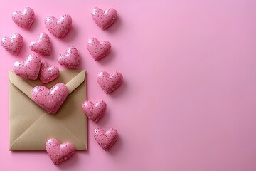 Fototapeta premium Pink Glitter Hearts Scattered Around a Brown Envelope on Pink Background