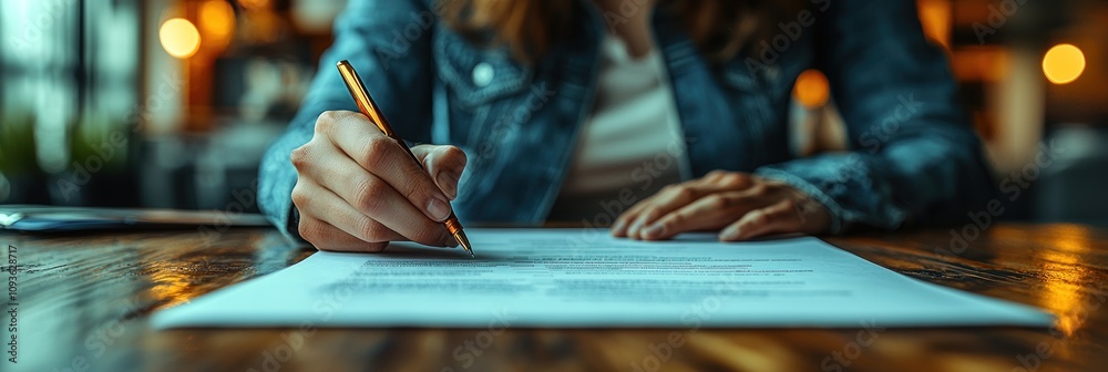 Poster a close-up of a hand signing a document with a pen