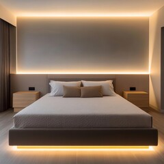 Soft under-bed lighting in a contemporary bedroom, subtle and relaxing