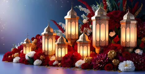 Fototapeta premium Eid Mubarak: A Festive Scene, Golden Lanterns and Blossoms.