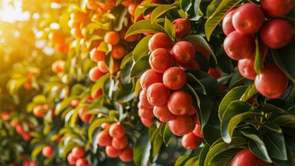 Obraz premium Red Plum Harvest: A vibrant image of a plum orchard laden with ripe red plums, bathed in warm sunlight, embodying the essence of a bountiful harvest season.