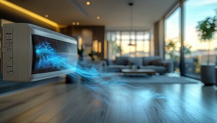 Fototapeta premium Modern Air Conditioner Unit Blowing Cool Air in a Living Room