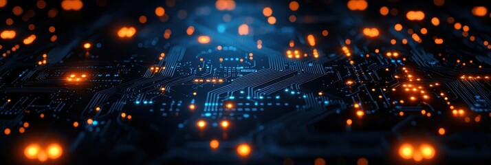 Obraz premium Illuminated Circuit Board with Glowing Orange and Blue Lights