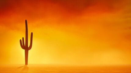 Lonely cactus silhouette against a warm orange gradient background at sunset in a desert environment