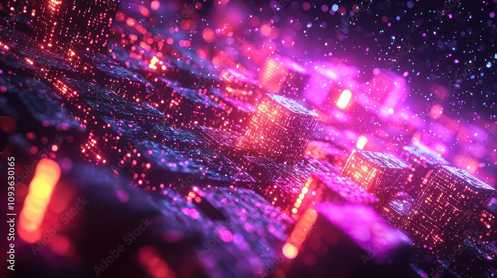 Poster abstract neon cubes with glowing lights and bokeh effects