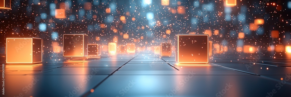 Poster glowing orange cubes on a metal grid with floating lights