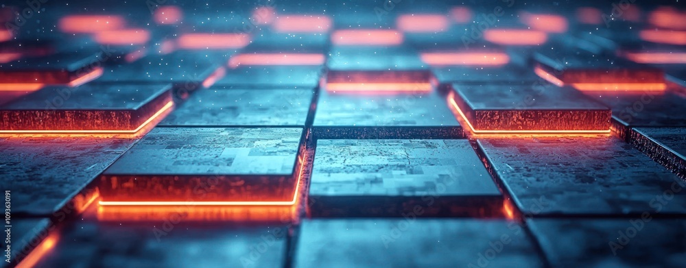 Poster abstract glowing grid of metal squares with a blurred background