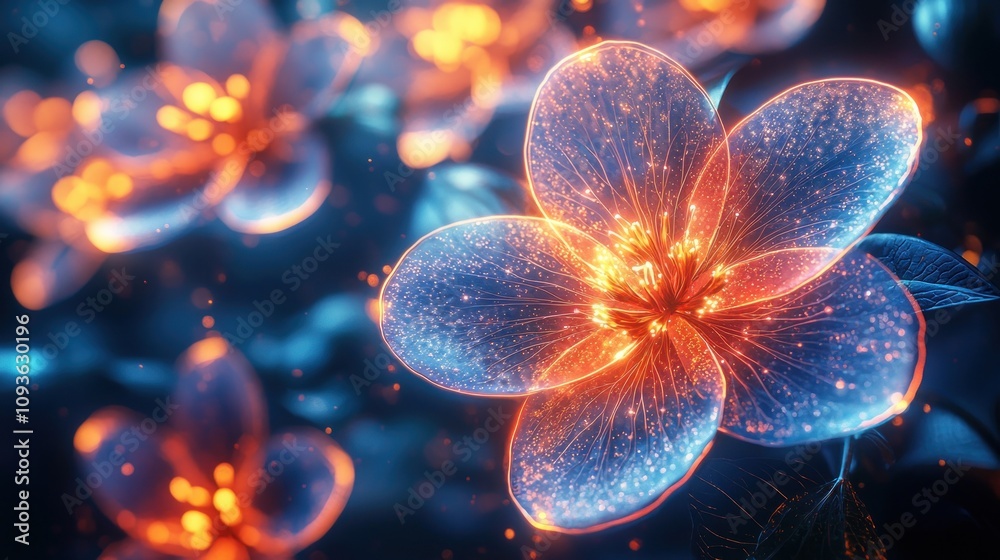 Poster a single flower blossom illuminated with glowing lines and sparkles
