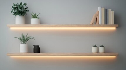 Subtle ambient lighting beneath floating shelves, warm and modern