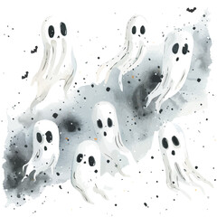 A watercolor drawing of Flying Halloween Ghosts, isolated on a white background. Ghosts vector.