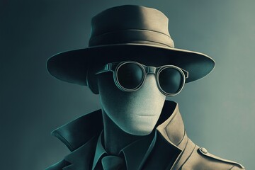Invisible man in trench coat, hat. Mysterious character with round goggles. Surreal, vintage style. Art illustration with creative fantasy concept. AI illustration. Enigmatic figure in clandestine