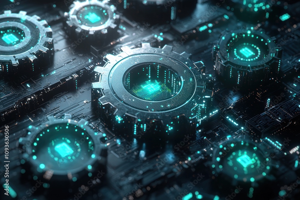 Poster glowing circuit board with gears and green lights
