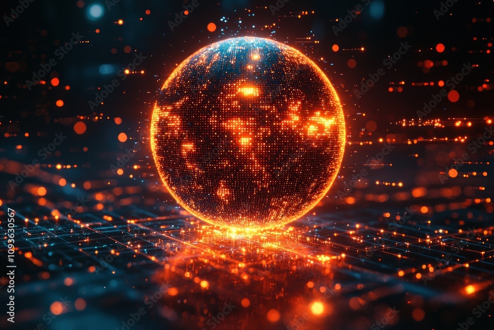 Poster glowing sphere on a grid of light