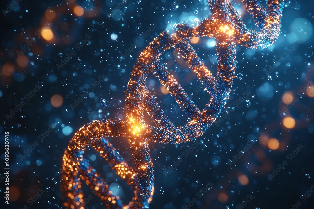 Poster a glowing dna double helix against a blue background with sparkling particles