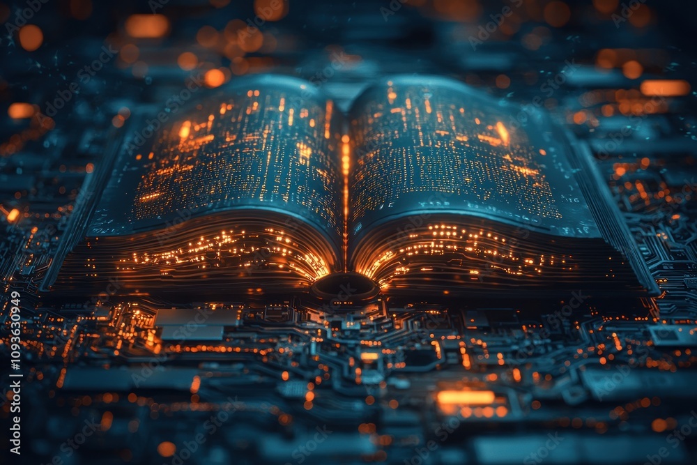 Leinwandbilder Open Book of Digital Code with Illuminated Pages on a Circuit Board