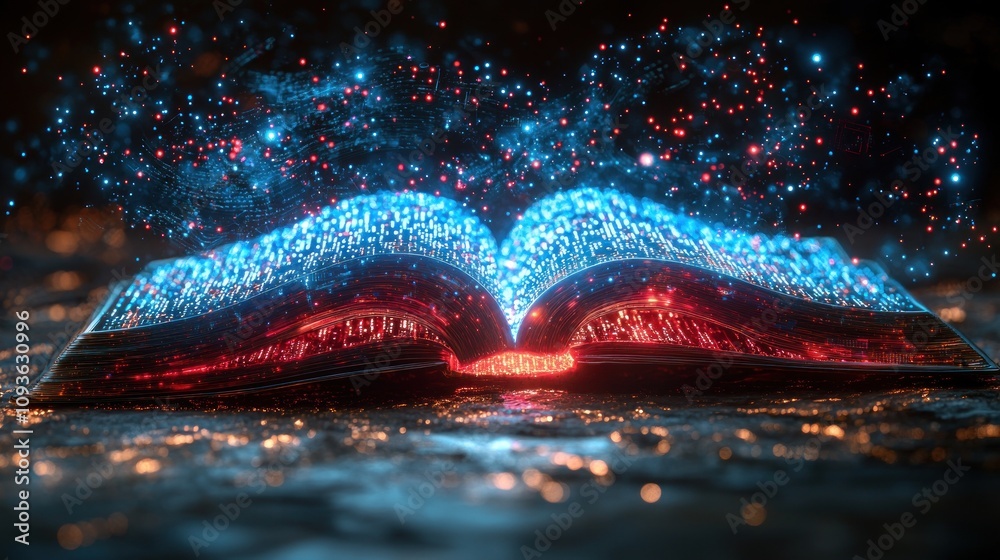 Aufkleber an open book with glowing red and blue lights