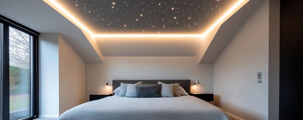 Subtle LED lights on a bedroom ceiling, creating a night sky effect