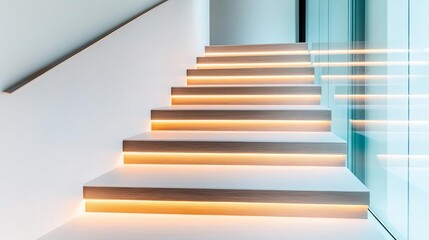 Fototapeta premium Subtle LED strips on floating stairs, stylish and safe lighting solution