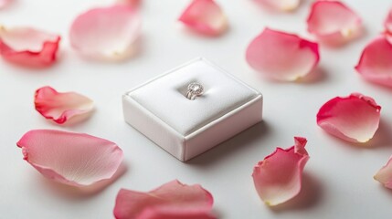 Minimalist white velvet ring box with a silver engagement ring, surrounded by soft pink rose petals on a clean white background, emphasizing elegance and simplicity.