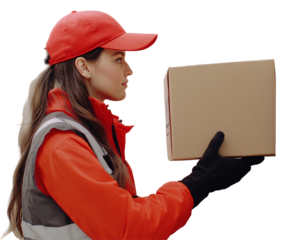 a woman in a red cap holding a box