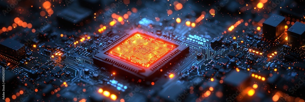 Poster Close-up of a glowing CPU on a circuit board with bokeh lights.