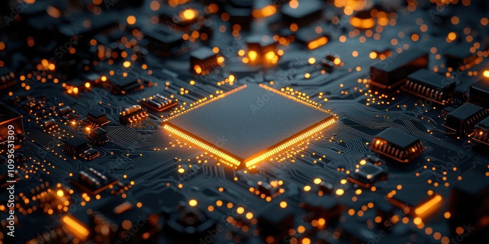 Poster Glowing Processor Chip on a Circuit Board