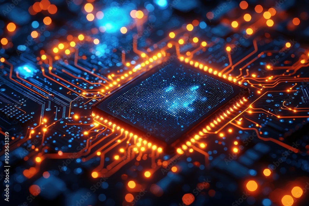 Fototapete Illuminated Circuit Board with Glowing Processor