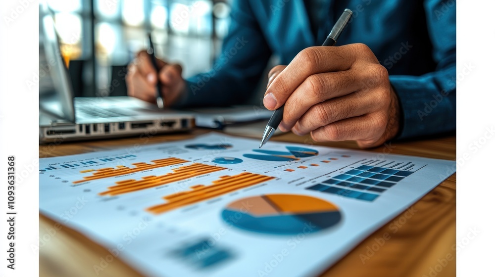 Poster A Person Analyzing Business Data With a Pen and Charts
