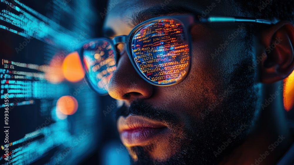 Poster Man With Glasses Reflecting Computer Code
