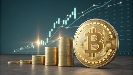 Digital Cryptocurrency golden bitcoin coin glowing lights Gold bitcoin symbol virtual money
Finance and business concept Investment graph and rows growth of coins on