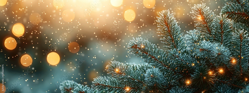 Poster close-up of frosted pine branches with sparkling lights and blurred background