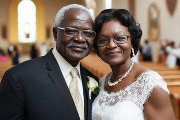 Older African-American couple celebrating wedding or vow renewal in church ceremony